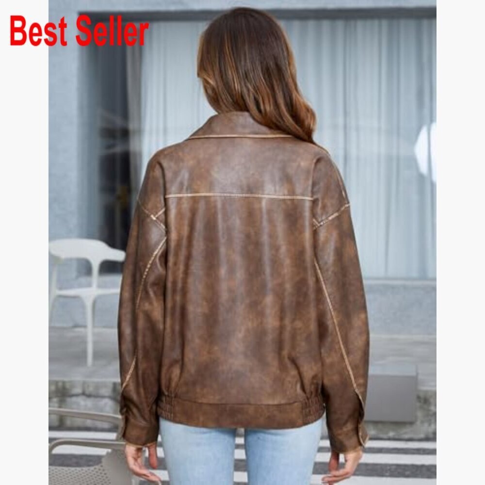 Faux Leather Jacket Loose Fit Moto Biker Zip Up - Picture 4 of 7
